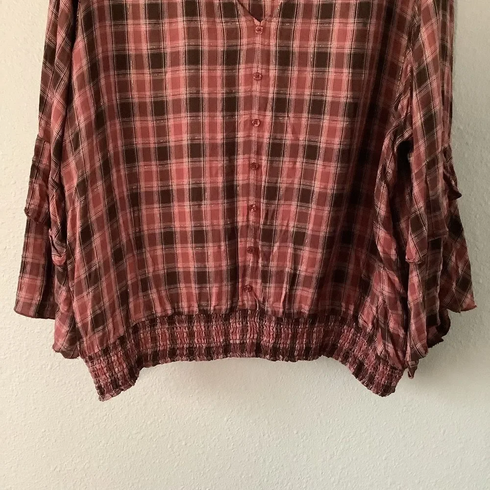 Red Plaid Cabincore Holiday Autumn Fall Christmas Ruffle Sleeve Top 22/24W - Picture 3 of 8